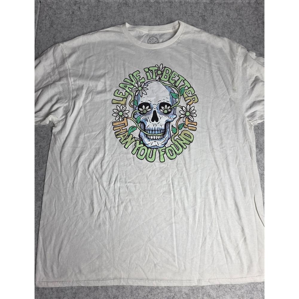 D&M Mens Leave It Better Than You Found It Skull Daisy Graphic T-Shirt White 2XL